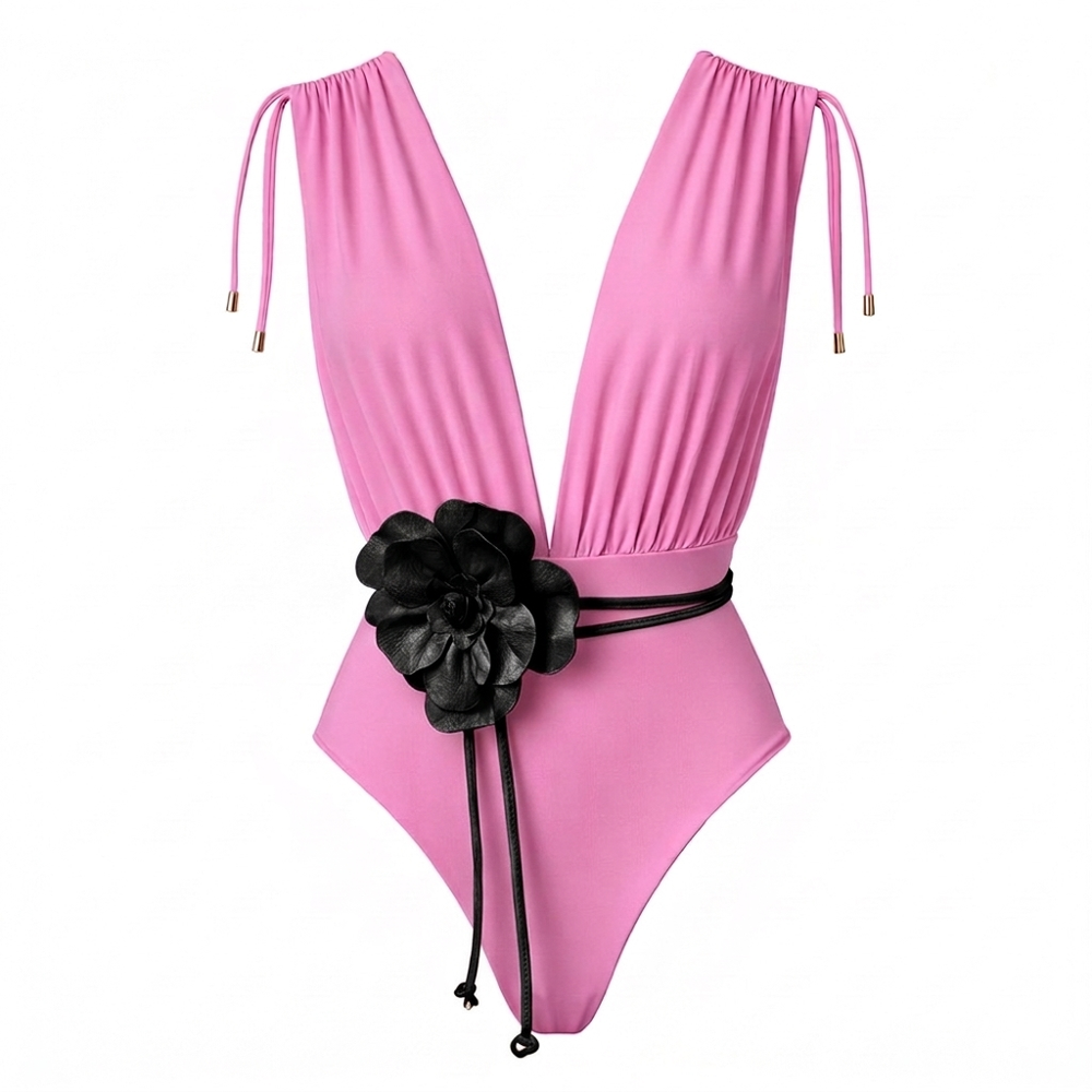 CAYMAN FLORAL 01 SWIMSUIT - Mauve Rosé with Flower Belt Black