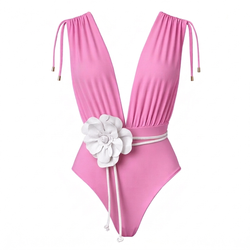 CAYMAN FLORAL 01 SWIMSUIT - Mauve Rosé with Flower Belt White
