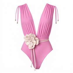 CAYMAN FLORAL 01 SWIMSUIT - Mauve Rosé with Flower Belt Ecru