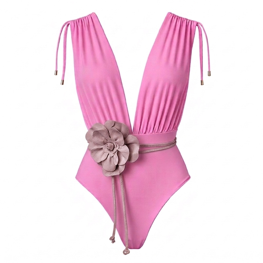 CAYMAN FLORAL 01 SWIMSUIT - Mauve Rosé with Flower Belt Rosé