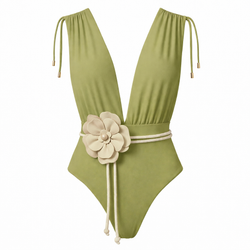CAYMAN FLORAL 01 SWIMSUIT - Olive with Flower Belt Ecru