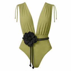 CAYMAN FLORAL 01 SWIMSUIT - Olive with Flower Belt Black