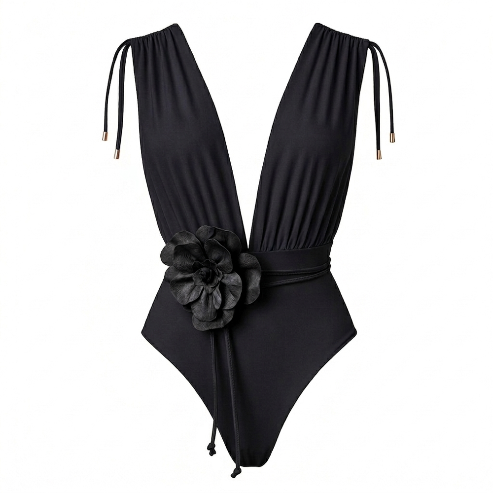 CAYMAN FLORAL 01 SWIMSUIT - Black with Flower Belt