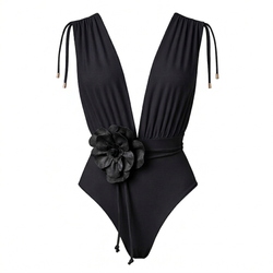 CAYMAN FLORAL 01 SWIMSUIT - Black with Flower Belt