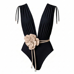 CAYMAN FLORAL 01 SWIMSUIT - Black with Flower Belt Ecru