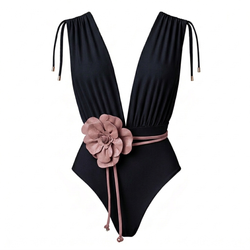 CAYMAN FLORAL 01 SWIMSUIT - Black with Flower Belt Rosé