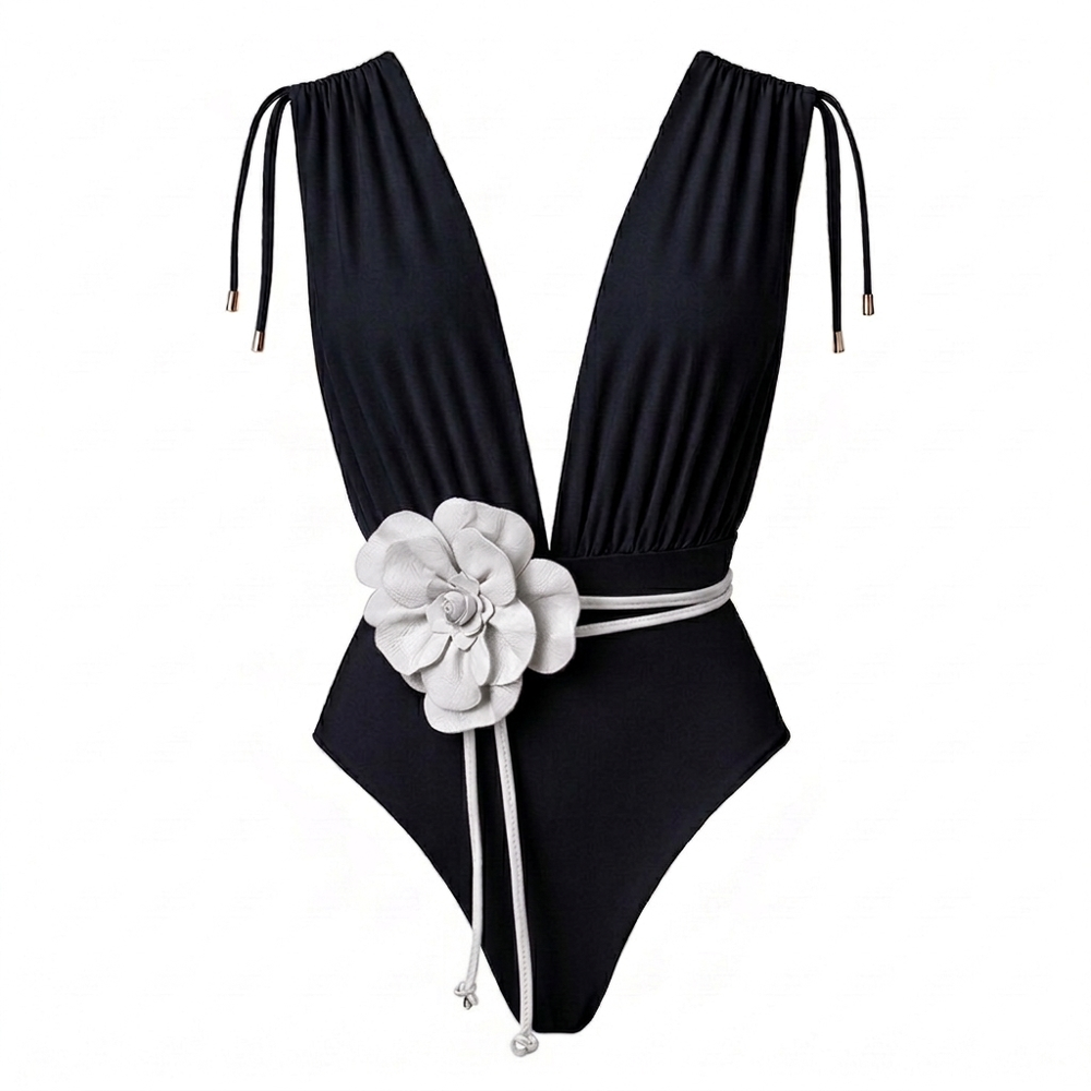CAYMAN FLORAL 01 SWIMSUIT - Black with Flower Belt White