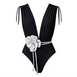 CAYMAN FLORAL 01 SWIMSUIT - Black with Flower Belt White
