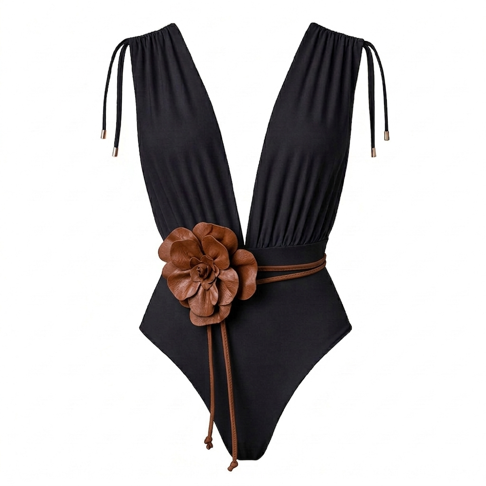 CAYMAN FLORAL 01 SWIMSUIT - Black with Flower Belt Brown
