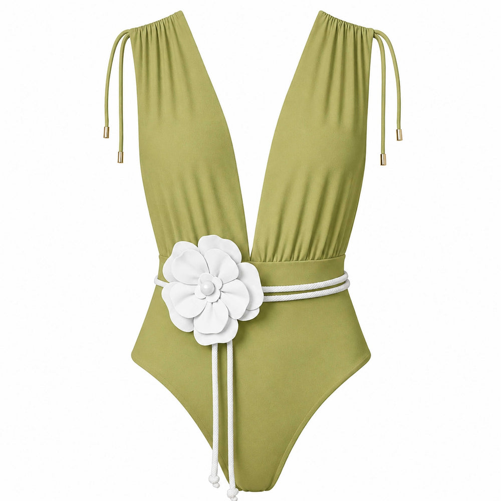 CAYMAN FLORAL 01 SWIMSUIT - Olive mit Blumengürtel Ecru