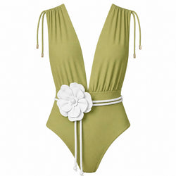CAYMAN FLORAL 01 SWIMSUIT - Olive mit Blumengürtel Ecru