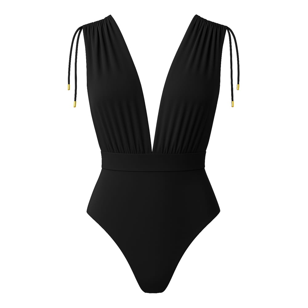 CAYMAN FLORAL 01 SWIMSUIT - Black with Flower Belt