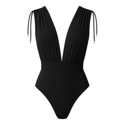 CAYMAN FLORAL 01 SWIMSUIT - Black with Flower Belt