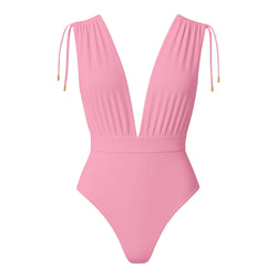 CAYMAN FLORAL 01 SWIMSUIT - Mauve Rosé with Flower Belt Ecru