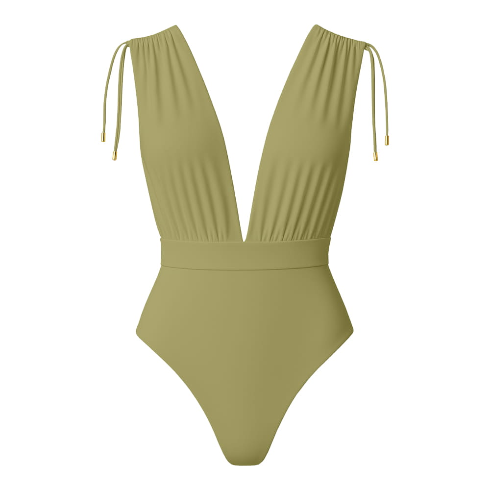CAYMAN FLORAL 01 SWIMSUIT - Olive with Flower Belt Ecru
