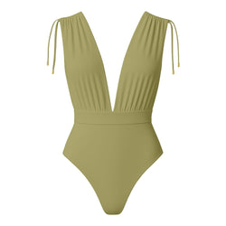 CAYMAN FLORAL 01 SWIMSUIT - Olive with Flower Belt Ecru